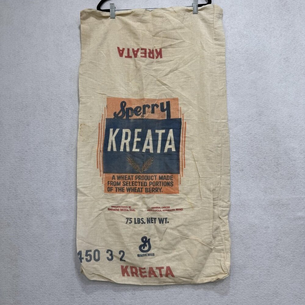 Vintage Sperry Kreata Wheat Sack 75 lbs General Mills Cloth Bag 21x41 Farm Decor
